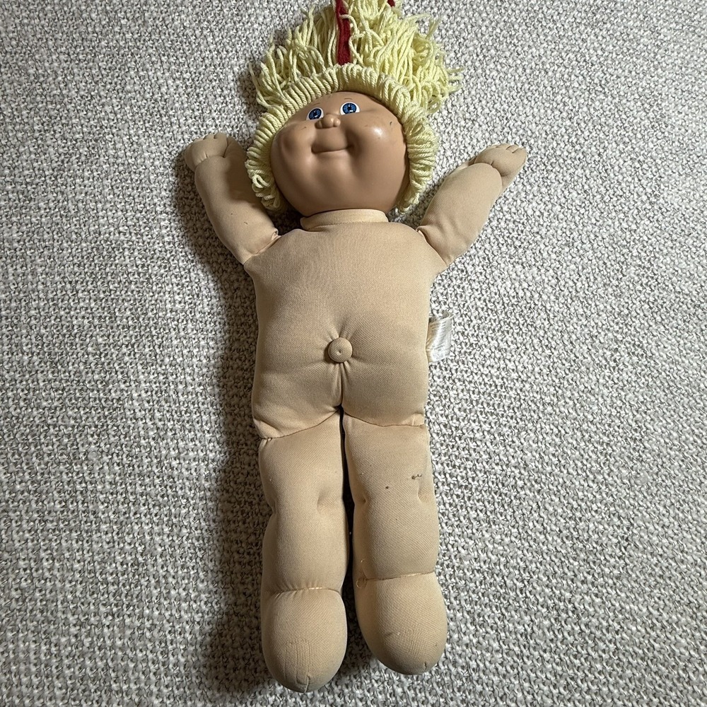 Cabbage Patch Kids Doll 1983 Yellow Yarn Hair Blue Eyes Vintage Tan Fabric Body